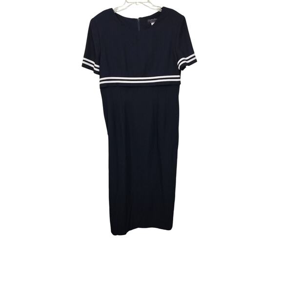 3953)Vtg Cynthia Howie Maggie Boutique Navy White Short Sleeve Sheath Dress 16 - Picture 1 of 7